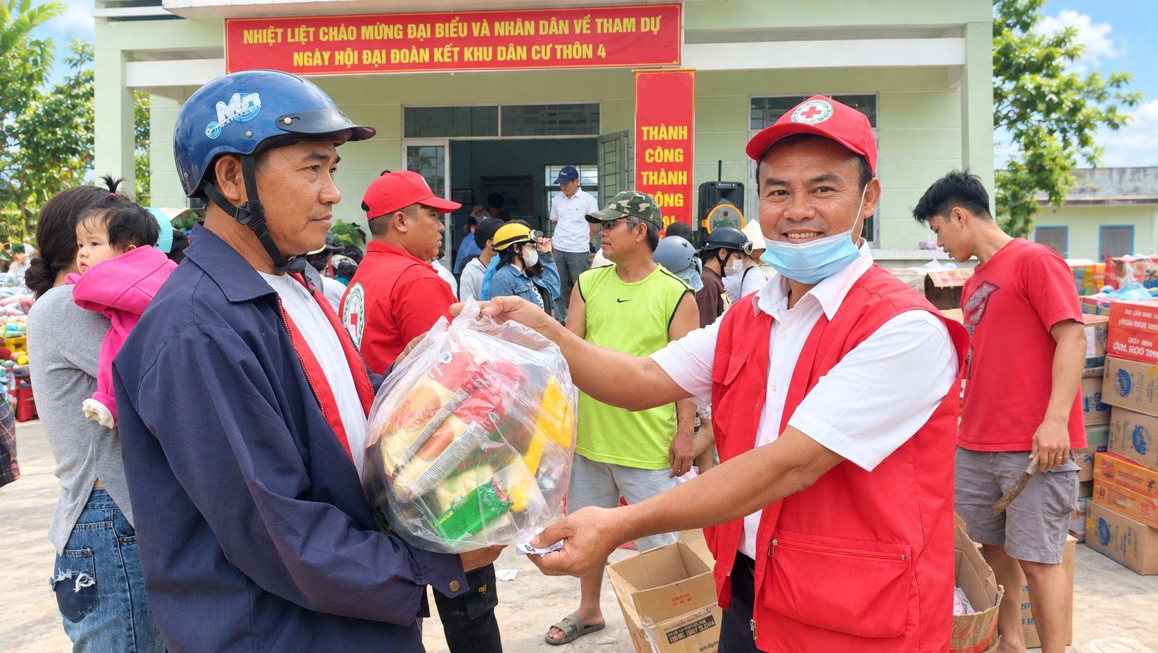 Cán bộ Hội Chữ thập đỏ mặc áo gi-lê đỏ trao túi quà cứu trợ cho người dân tại ngày hội đại đoàn kết khu dân cư
